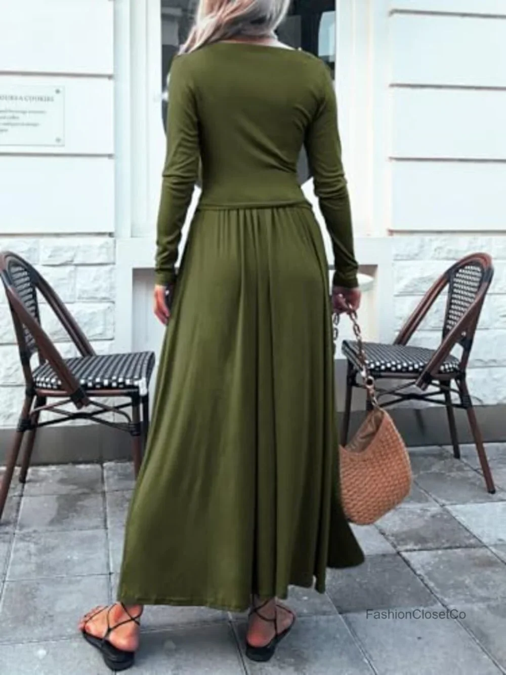 2 Piece Skirt Set Ruched Long Sleeve Off Shoulder Top Maxi Skirt Matching Sets